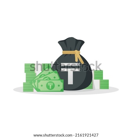 Money bag and banknotes with Kazakhstani tenge sign. Kazakhstan money symbol. Flat style Vector illustration isolated on white background.