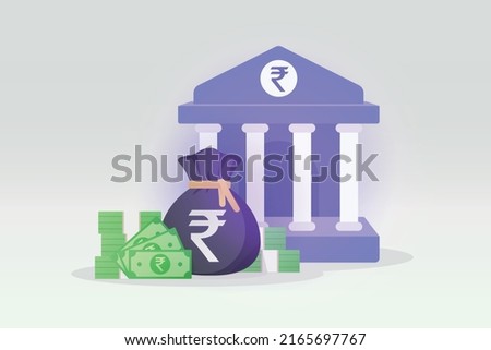 Indian 3D bank building, money bag and green note illustration with rupee sign. Indian currency money symbol. money saving, banking, business and financial icon.