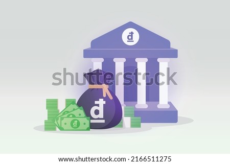 3D Bank deposit and money bag and banknote illustration with Vietnamese dong sign. Vietnam Cash money symbol. money saving concept. bank transfer service icon. EPS-10 vector art.