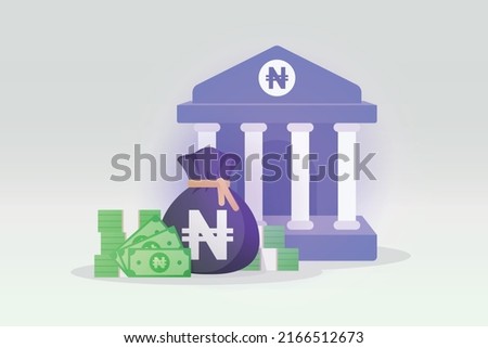 3D Bank deposit and money bag and banknote illustration with naira sign. Nigerian money symbol. money saving concept. bank transfer service icon. business financial management. EPS-10 vector art.