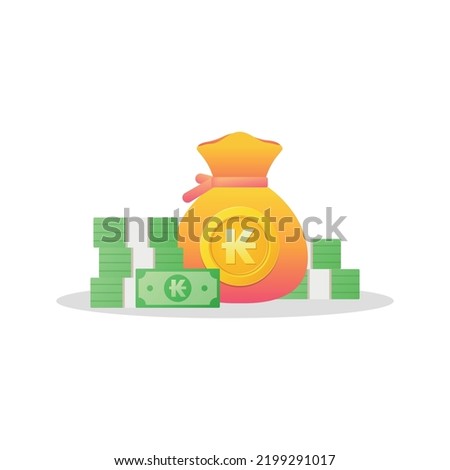 Money bag and banknote with Lao kip sign. The kip is the currency of Laos. Flat style Vector illustration isolated on white background.