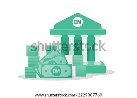 Bank Building and banknote illustration with Deutsche currency symbol. Money saving concept, money transfer icon, business financial element.