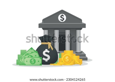 3d cartoon style bank building, coins, paper currency, money bag and bundles of money with dollar sign . Minimal Bank deposit, Financial investment and currency concept.