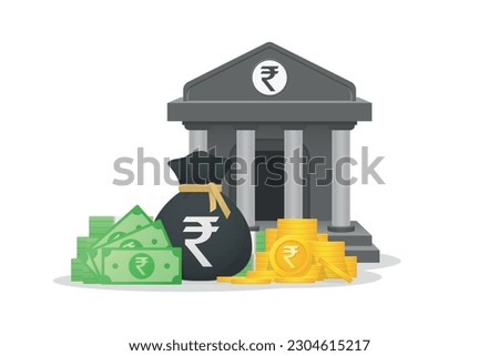 Indian currency sign with 3d style bank building, gold coins, banknote, money bag and bundles of money with Indian Rupee sign. Bank deposit, financial investment and money stack.