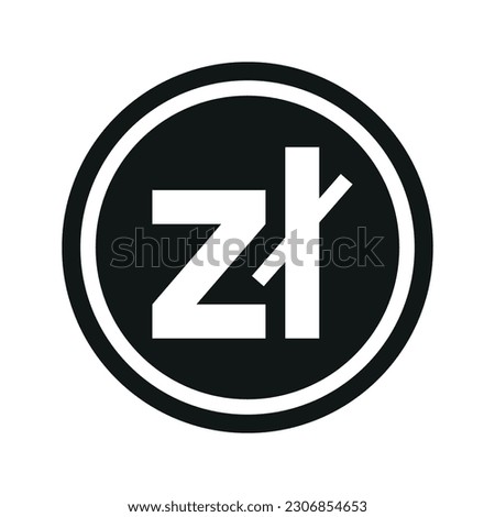 Polish zloty icon. Flat black and white currency coin. Money zloty symbol. Vector isolated on white background.