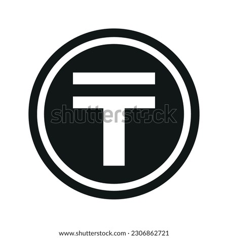 Kazakhstani tenge icon. Flat black and white currency coin. Money tenge symbol. Vector isolated on white background.