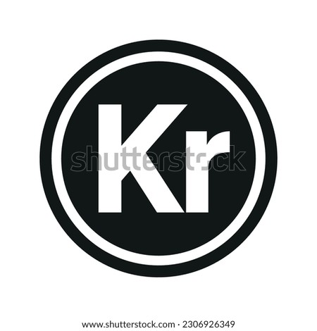 Danish Krone icon. Flat black and white currency coin. Money Krone symbol. Vector isolated on white background.