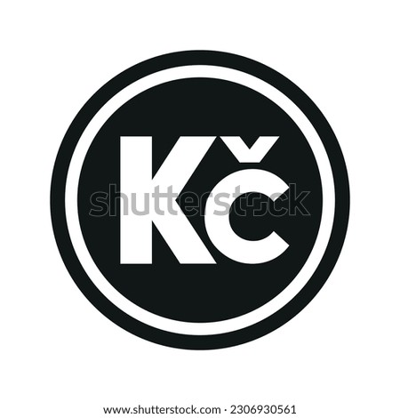 Czech koruna icon. Flat black and white currency coin. Money koruna symbol. Vector isolated on white background.
