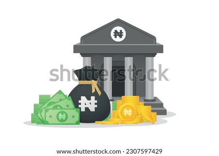 3D Style Bank building, coins, paper currency and bundles of money bag with Nigerian Naira sign. Minimal Bank deposit, Financial investment and currency concept.