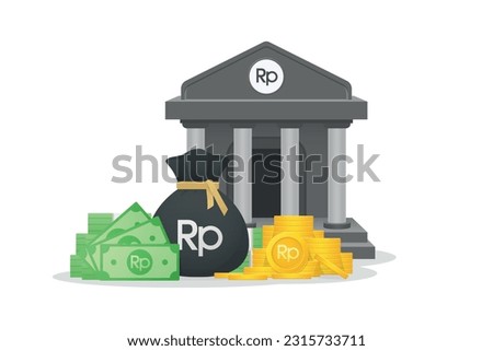 3D Style Bank building, gold coins, paper currency and bundles of money bag with Indonesian Rupiah sign. Indonesia money symbol, Financial investment and currency concept.