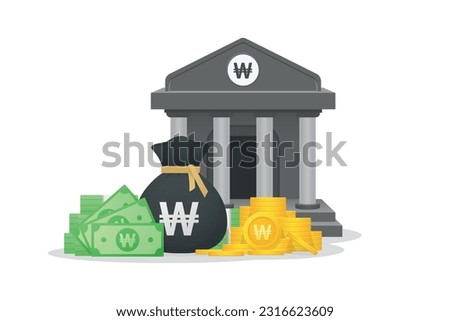 3D Style Bank building, gold coins, paper currency and bundles of money bag with South Korean won sign. South Korea money symbol, Financial investment and currency concept.
