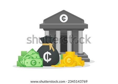 3D Style Bank building, gold coins, paper currency and bundles of money bag with Ghanaian Cedi sign. Ghana currency symbol, Financial investment and currency concept.