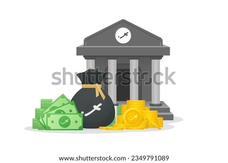 3D Style Bank building, gold coins, paper currency and bundles of money bag with Maldivian Rufiyaa sign. Maldives currency symbol, Financial investment and currency concept.
