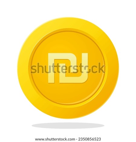 Gold coin with new shekel sign. Israel Currency symbol. Financial items.