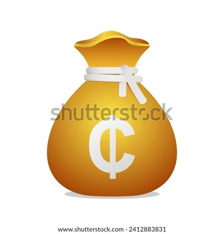 3D golden money bag with Ghanaian Cedi sign. Cash money, business and finance element object.