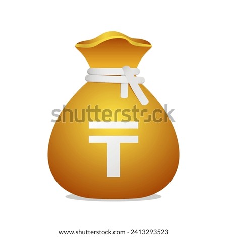 Golden money bag with Kazakhstani Tenge sign. Cash money, business and finance 3D element object.