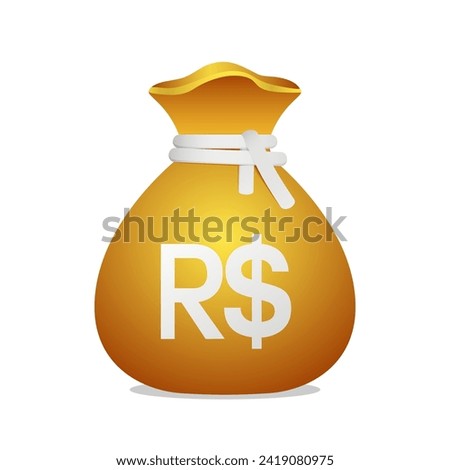 Golden money bag with Brazilian Real sign. Cash money, business and finance 3D element object.