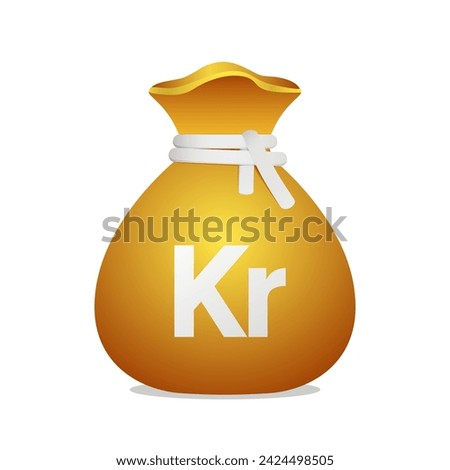 Golden money bag with Denmark Currency Danish Krone sign. Cash money, business and finance 3D element object.