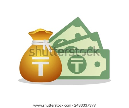 Money bag and green nots With Kazakhstani tenge Sign. Vector financial illustration.