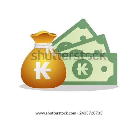 Money bag and green nots With Laotian Kip Sign. Vector financial illustration.