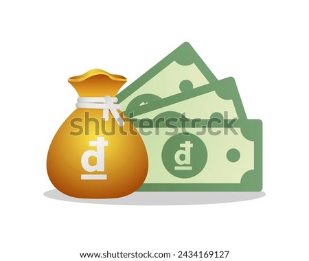 Money bag and green nots With Vietnamese dong Sign. Vector financial illustration.