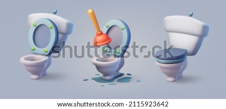 Toilet bowl. Realistic white home toilet in open, close and clogged stages. Stylized 3d vector cartoon style.