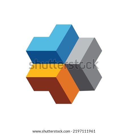 Three Cube Tech Media. 3 cube block in 3D effect. Line Shield Play Media Logotype. Three Outline Elements Logo, Box consult logo template, Abstract Triangle Colorful Logo Template.