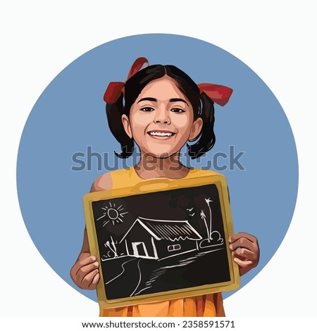 Girl holding a slate with picture drawn vector illustration