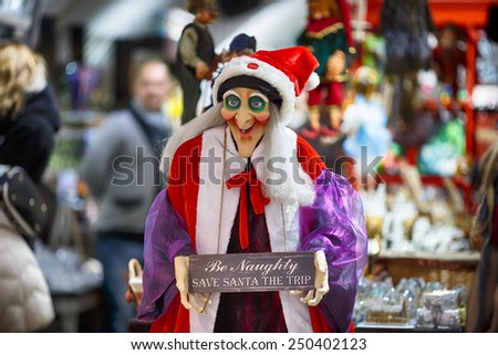 Prague, Czech Republic, January 03 2014: Czech national witch doll for sale at an outdoor market for tourists