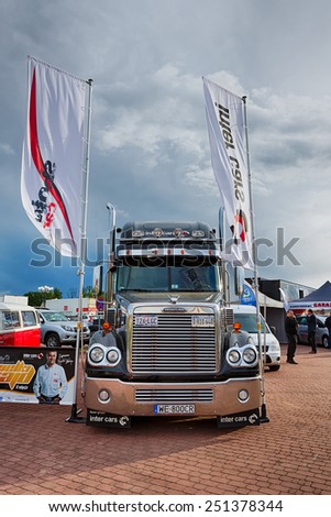 Mikolajki, Masuria, Poland, June 12 2014: Exhibition of trucks at the hotel Golebiewski, the Masurian Lakes district in Northern Poland