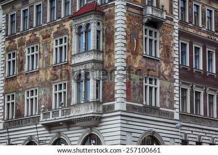 Prague, Czech Republic, January 04 2014: View of painted facade of building in old town