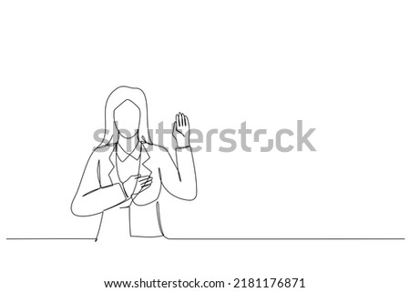 Cartoon of young woman wearing business style swearing with hand on chest and open palm, making a loyalty promise oath. Single continuous line art style
