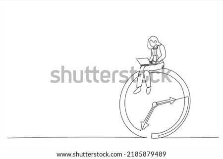Drawing of businesswoman using computer laptop sitting on clock working. After hours worker, working late overtime concept. Single continuous line art
