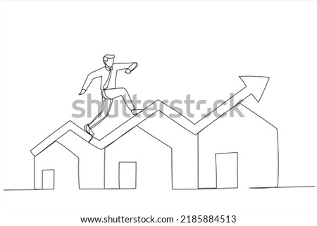 Drawing of businessman running on rising green graph on house roof. Housing price rising up. Single continuous line art
