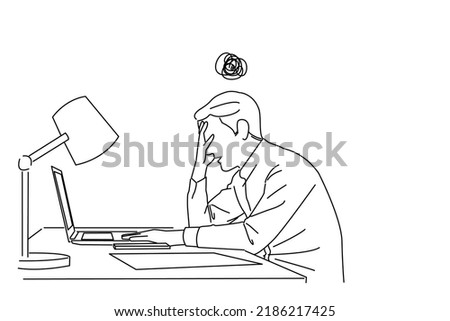Illustration of Tired worker having problem. Man makes dumb mistake has difficulty. line art style
