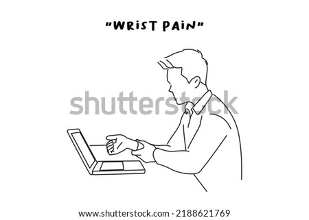 Cartoon of business man in office with RSI syndrome holding his aching hand. Outline drawing style art
