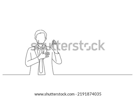 Drawing of good looking asian young man making promise, pledge or give oath, raise one hand and put palm on hear as being honest and sincere. Line art style
