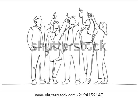 Drawing of business people in a row pointing and looking up to copy space isolated on white background. Single line art style
