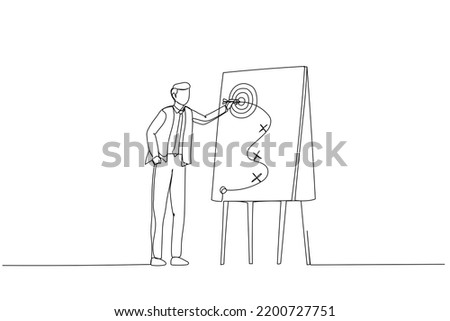 Cartoon of smart businessman presenting business winning strategy on whiteboard. Metaphor for business strategy planning, marketing tactic to achieve target. Single continuous line art style
