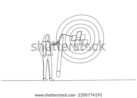 Cartoon of businesswoman write down goal on notes and put on big dartboard target. Metaphor for goal setting, achievable target or purposeful objective. One line art style
