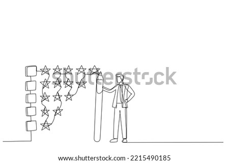 Illustration of businessman holding pencil to evaluate star feedback. Metaphor for evaluation. Single line art style

