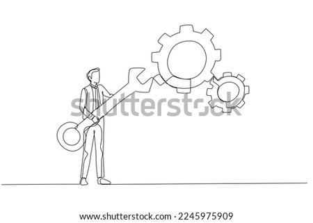 Cartoon of businessman holding wrench to adjust gear cogwheels setting concept of adjustment. One line art style