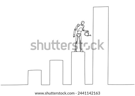 Robot standing on one of the blocks of varying heights. The robot is watering the tallest block like a tree plant. This visual conveys a sense of nurturing and development