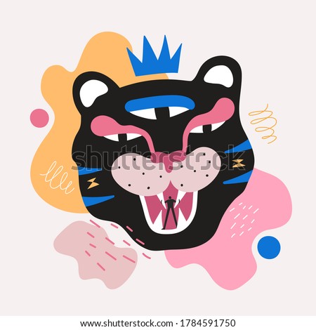 Abstract vector illustration with man silhouette and black tiger or panther head. Trendy print design with wild animal and human