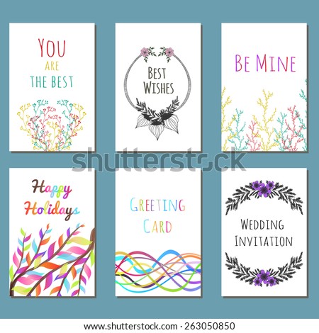 Vector colorful and hand drawn set of cute floral greeting cards and invitations. Holiday, wedding, bridal, birthday, save the date, marriage, valentine\'s day.