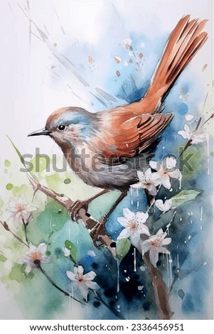 Vector illustration of a beautiful nightingale bird sitting on a spring tree branch