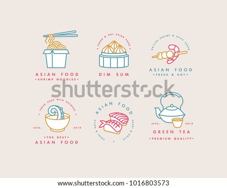 Vector set of logo design templates and emblems or badges. Asian food - noodles, dim sum, soup, sushi. Linear logos