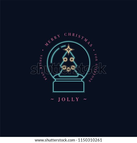 Lovely Merry Xmas concept linear neon design with Christmas ball with snow. Greeting typography compositions Xmas cards, banners or posters and other printables
