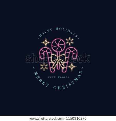 Lovely Merry Xmas concept linear neon design with Christmas candy. Greeting typography compositions Xmas cards, banners or posters and other printables