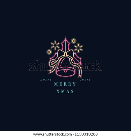 Lovely Merry Xmas concept linear neon design with Christmas bell. Greeting typography compositions Xmas cards, banners or posters and other printables